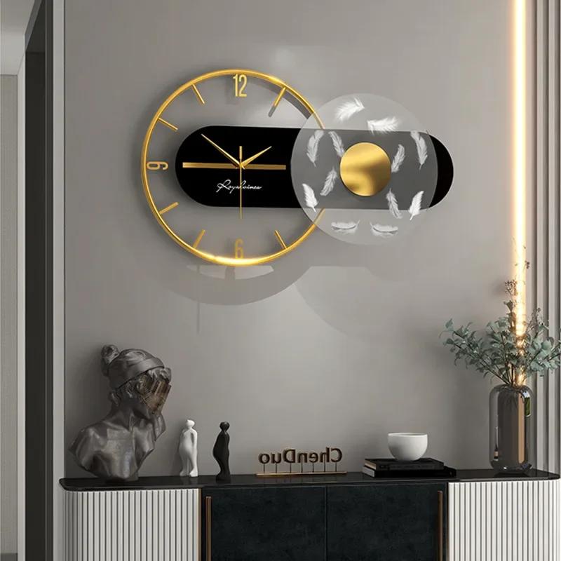 60x36cm Large Wall Clock Modern Design Feather Luxury Light Silent Metal Wall Watch Home Decor Living Room Dining Room Clocks
