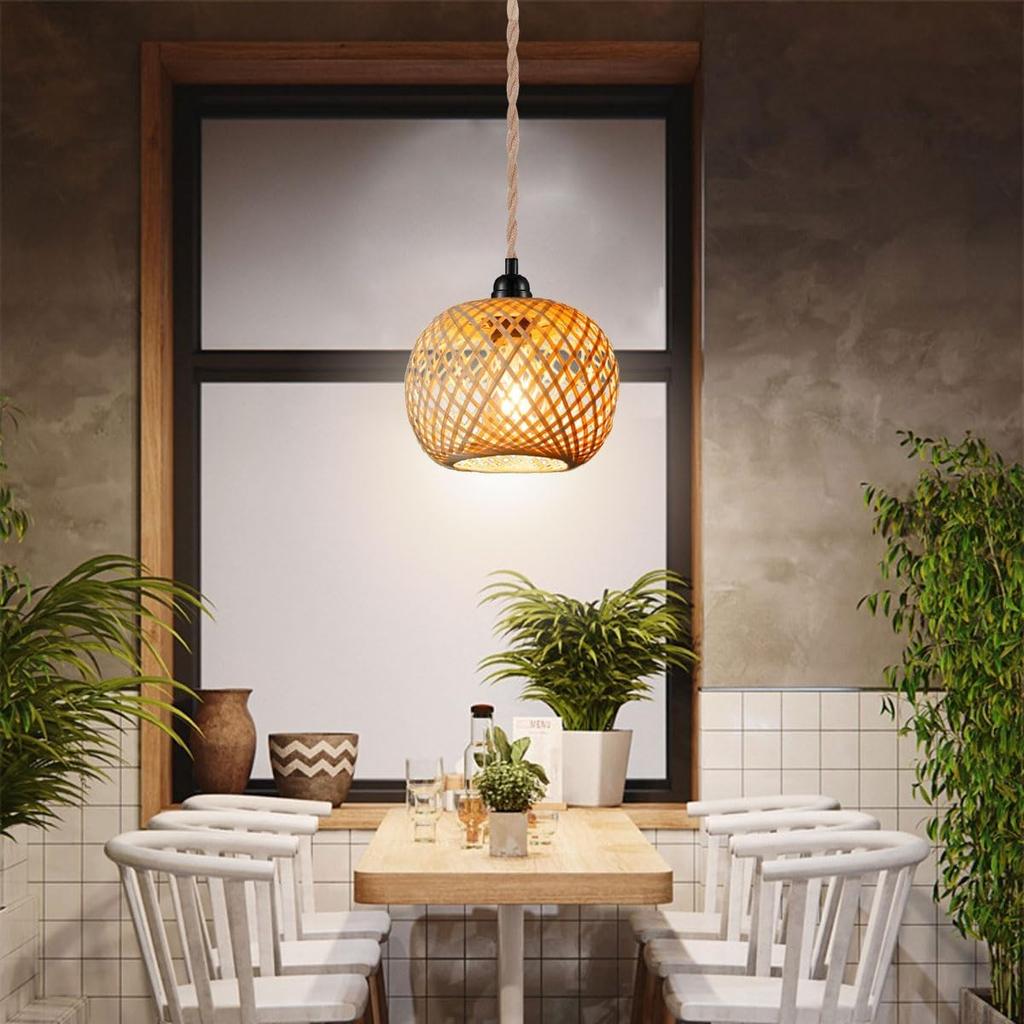 Vintage Plug in Pendant Light Wicker Rattan Hanging Lights with 15ft Hemp Rope Cord Mini Bamboo Lampshade Boho Wall Lighting Fixture Swag Lamp for