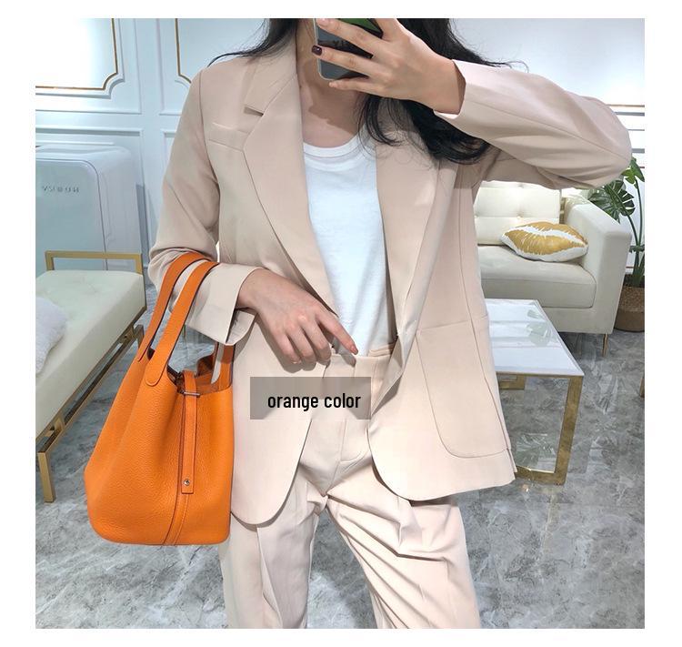 Women's Colorful Cowhide Bucket Bag with Lychee Pattern - Stylish and Versatile Handbag