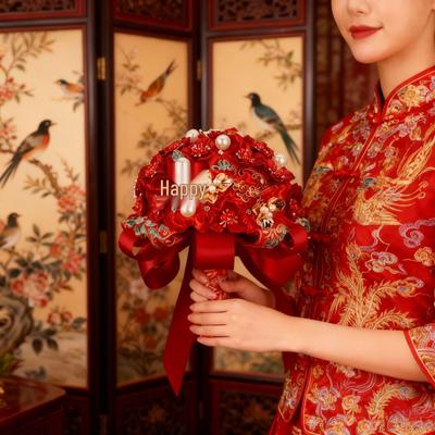 Red Festive Wedding Accessories: Bride Hand Bouquet & Xiuhe Dress Props