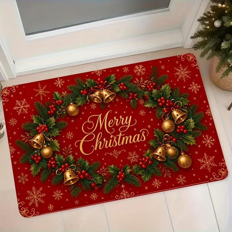 1pc Christmas Wreath Bell Merry Christmas Red Velvet Mat Home Entrance Door Hallway Anti-Slip Water-Absorbing Foot Mat Christmas Holiday Decoration Ca