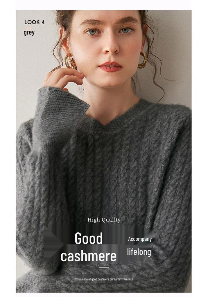 Women's Cashmere Round Neck Cable Knit Sweater - Thick, Loose Cuffs, Slit Design