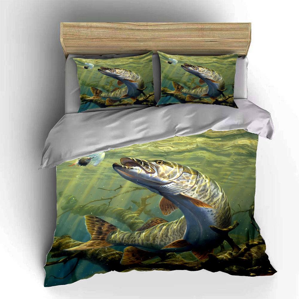 Large Fish Hunting Underwater Bedding Set For Kids Luxury Gift 3Pcs Digital Print Comforter Set Soft Comfortable Breathable