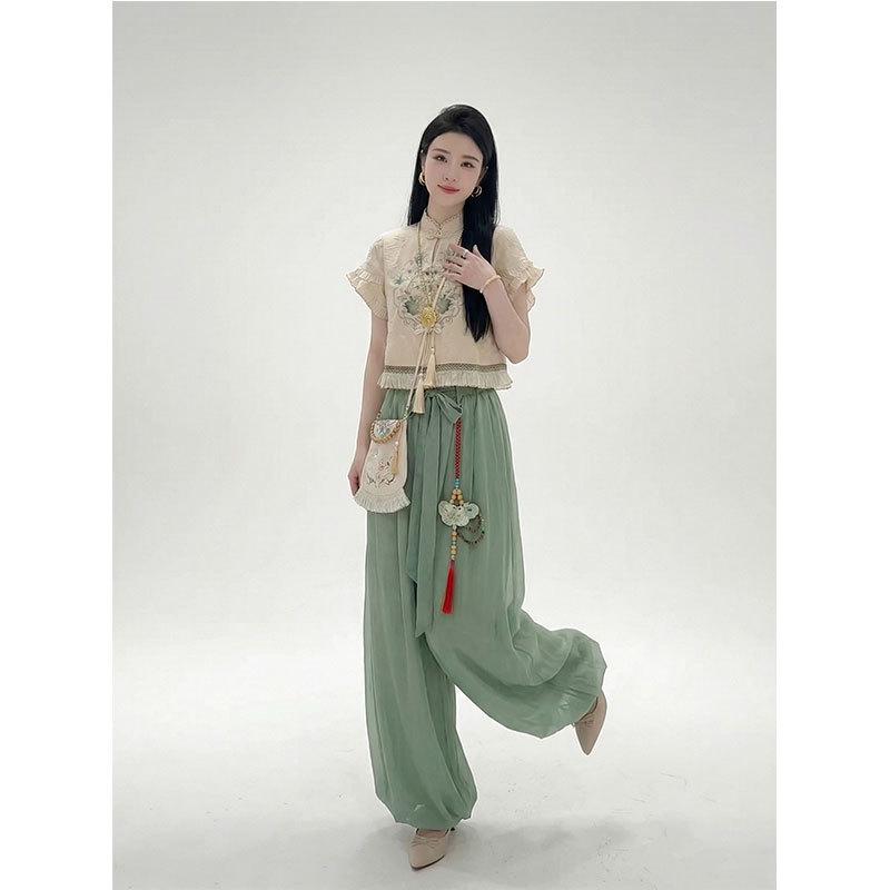 

2026 Spring/Summer Chinese Retro Stand-Collar Top & Wide-Leg Pants Set M