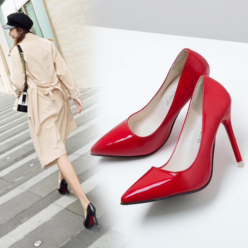 2025 Women's Red Patent Leather High Heels: Spring/Autumn Pointed Toe Low-Cut Stilettos.