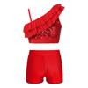 Dívčí Sequin Crop Top Set Asymetrické volánkové ramínka V-výstřih v přední části Pasové šortky Tanec Soutěž