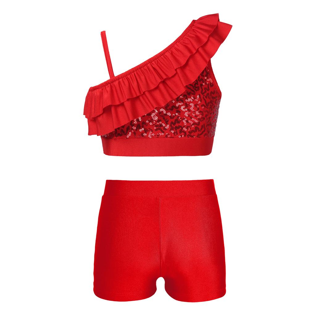 Dívčí Sequin Crop Top Set Asymetrické volánkové ramínka V-výstřih v přední části Pasové šortky Tanec Soutěž