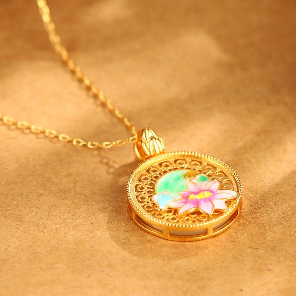 Chinese Lotus Enamel Pendant Necklace: Vintage Style, Hollow Design, Clavicle Chain, High-End.
