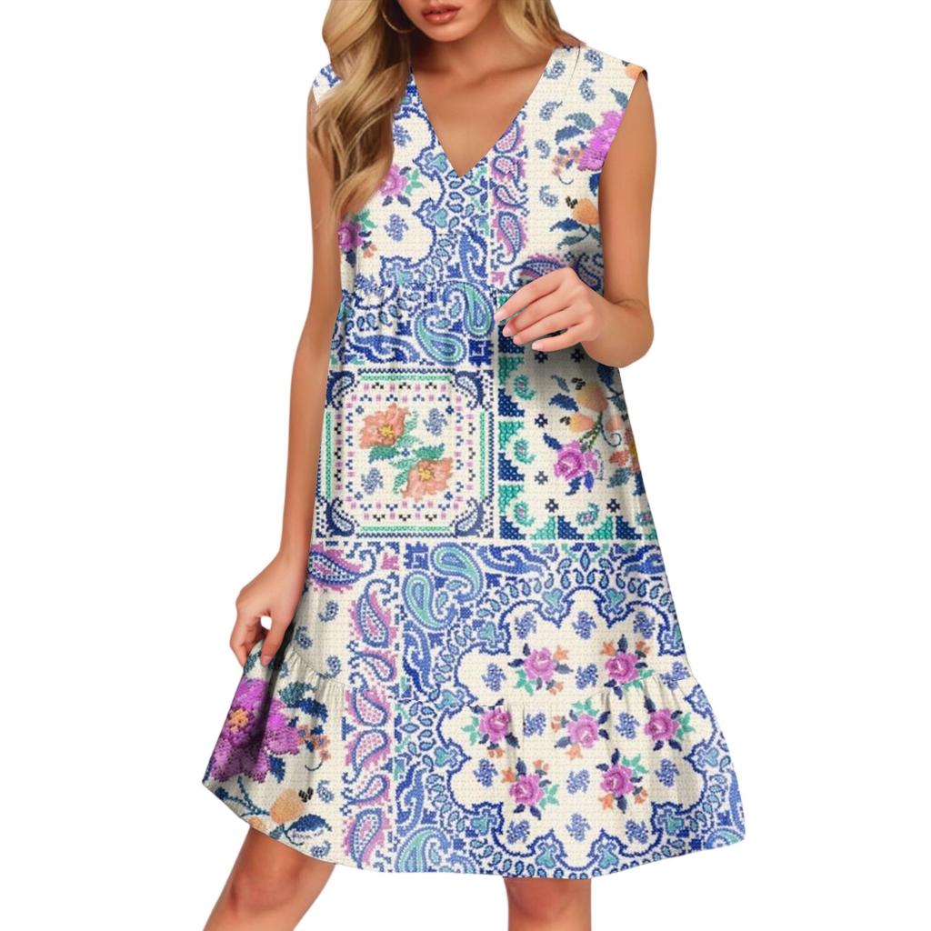 Chaleco casual de moda para mujer transpirable con cuello en V y bolsillos Vestido floral para vacaciones