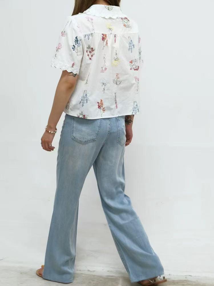 French Floral Embroidered Lace-Trim Lapel Short-Sleeve Loose Shirt for Women