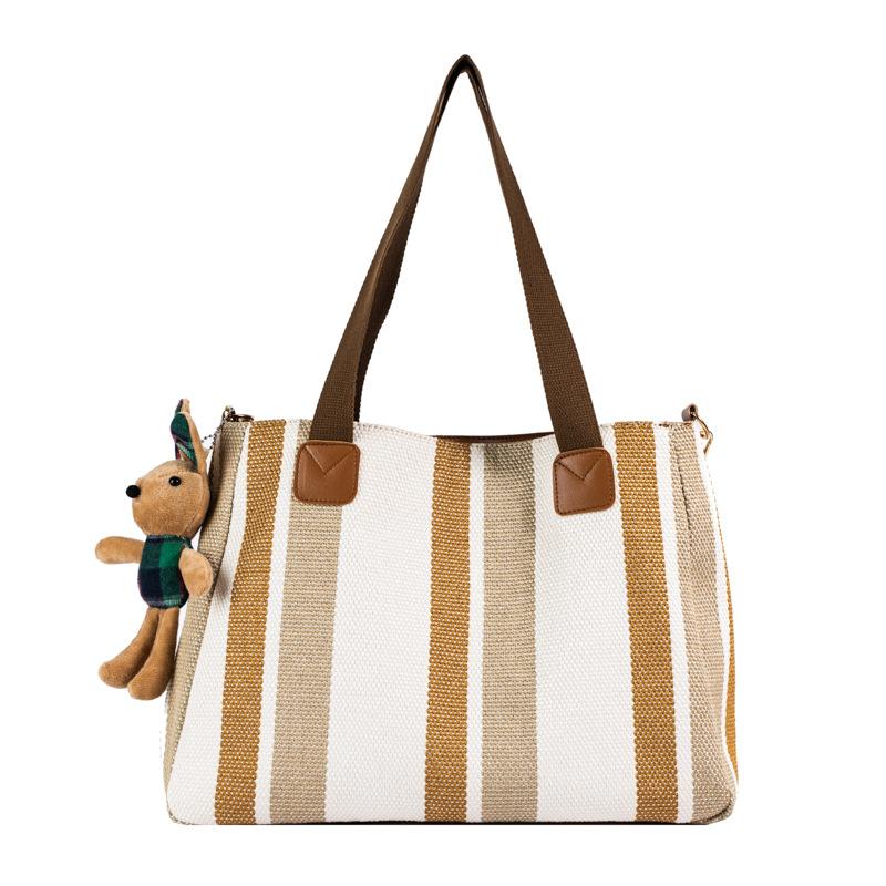 Big Bag Women's New Fashion Striped Canvas Bag Commuter Hand Shoulder Messenger Trendy Large Capacity Tote Bag