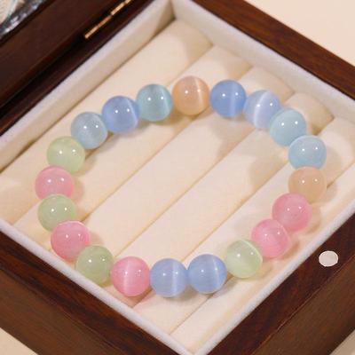Natürliches Siebenfarbiges Katzenaugen-Macaron-Perlenarmband für Damen