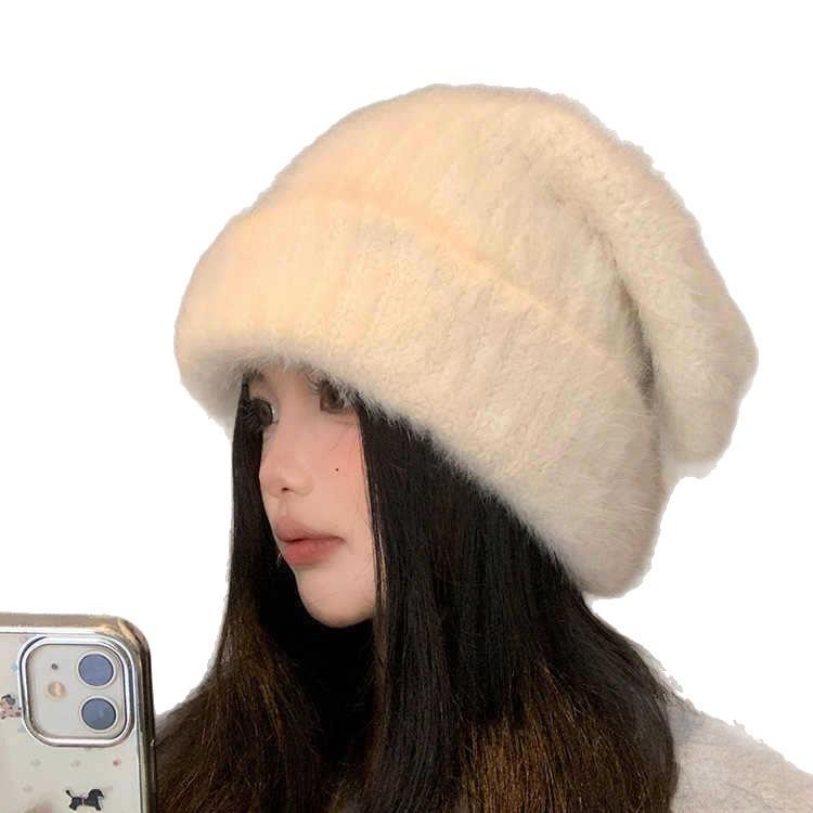 Thickened Rabbit Wool Hat In Autumn and Winter Sweet and Versatile Warm Hat Showing Face and Ear Protection Piles