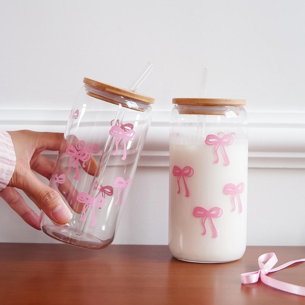 1/2/4/6 Peças Copo de Vidro Estampado com Laço com Tampa e Canudo, Exquisito Copo de Vidro com Laço de Alta Qualidade para Decoração de Casa, Copo de Bebida Diária para Família