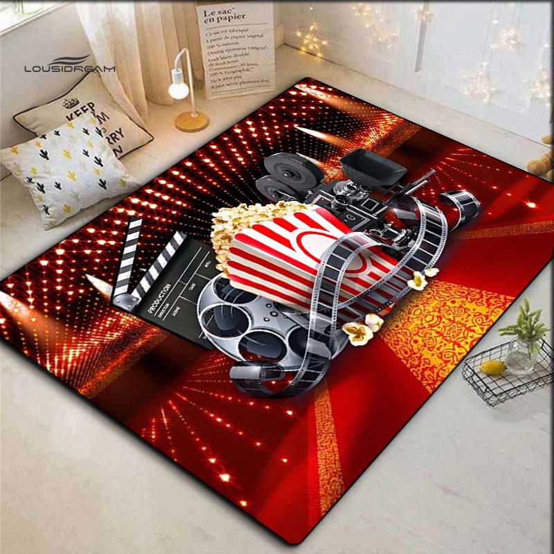 Movie Popcorn Film Projector Clapperboard Print Area Rug Cinema Theme Non‑Slip Rectangular Floor Mat Home Decor Rug for Gaming Room Living Bedroom