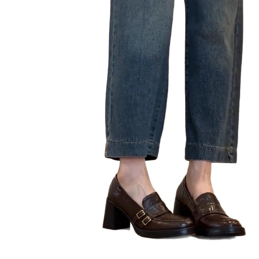 Spot~ Retro Leather Thick Heel Heightened Loafers Women's 2025 New British Style Small Commuter Small Leather Shoes