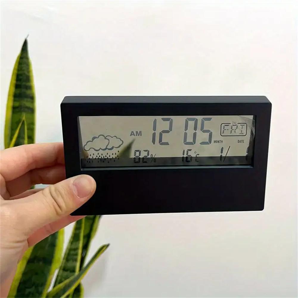 Silent Smart Clock LED Electronic Desk Clock with Digital Weather Thermometer Hygrometer and Date Display in Transparent Design