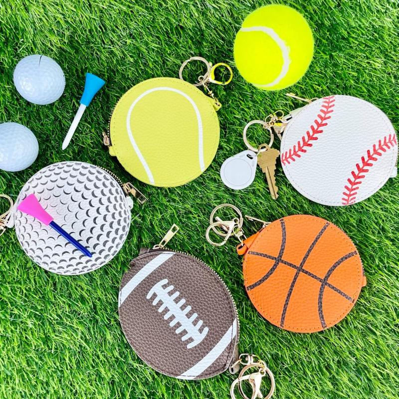 Sport Themed Mini Coin Purse Ball Shaped PU Leather Keychain for Athletes Gym Essentials