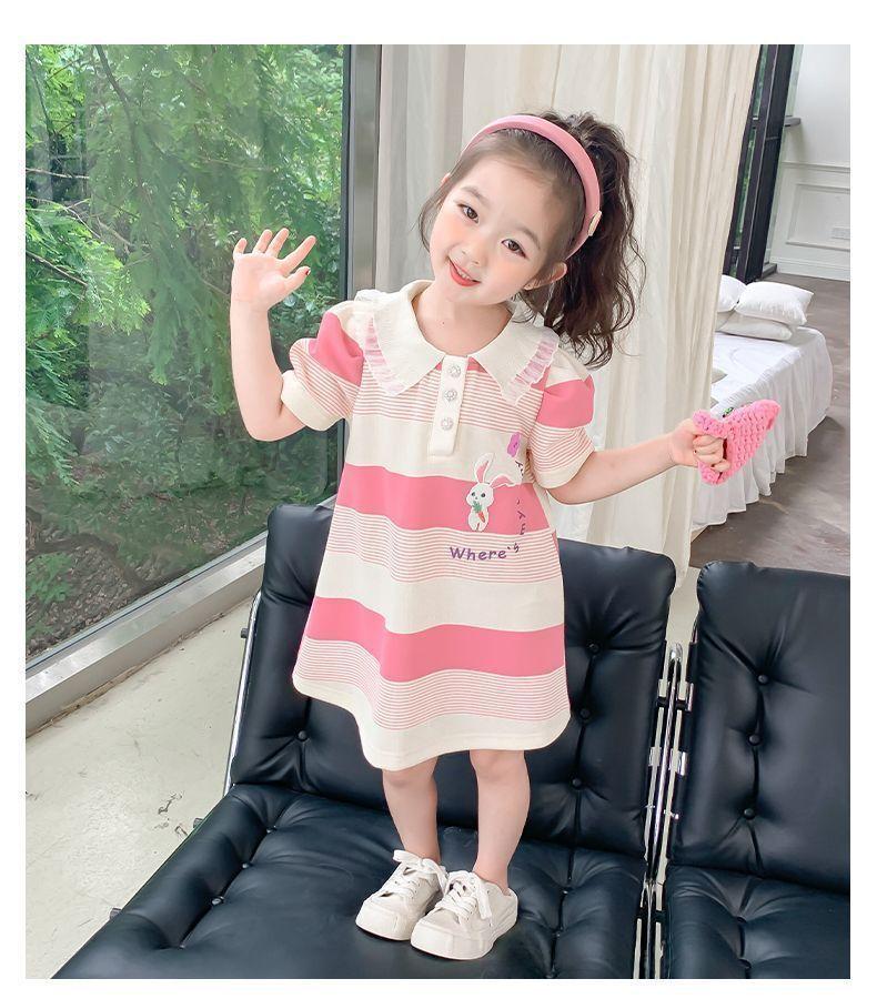 Girls Summer Striped Polo Dress Thin Short Sleeve Fashionable Casual Dress for Big Kids 110 розовый