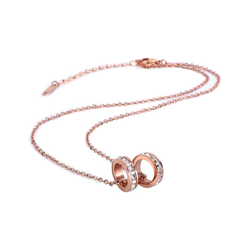 Rose Gold Double Ring Diamond Stainless Steel Necklace Pendant Sticky Diamond Pendant Bag Chain Titanium Steel Necklace Internet Celebrity Jewelry