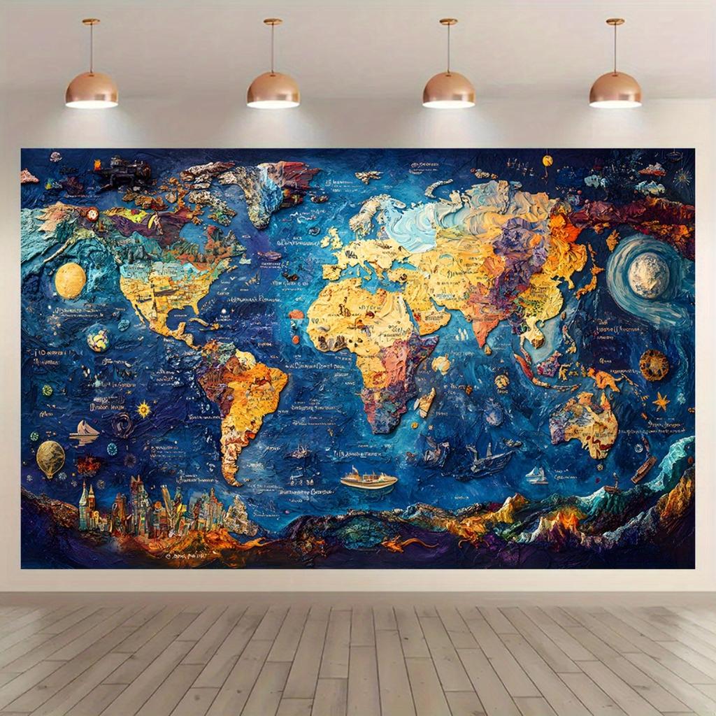 1 Large-sized Map Background Banner - Splendid World Map Design Detailed Logos and Spatial Features World Map Wall Decoration