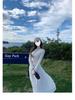 Gray Striped Knit Dress Set for Women: 2025 Autumn Korean Style Long Dress