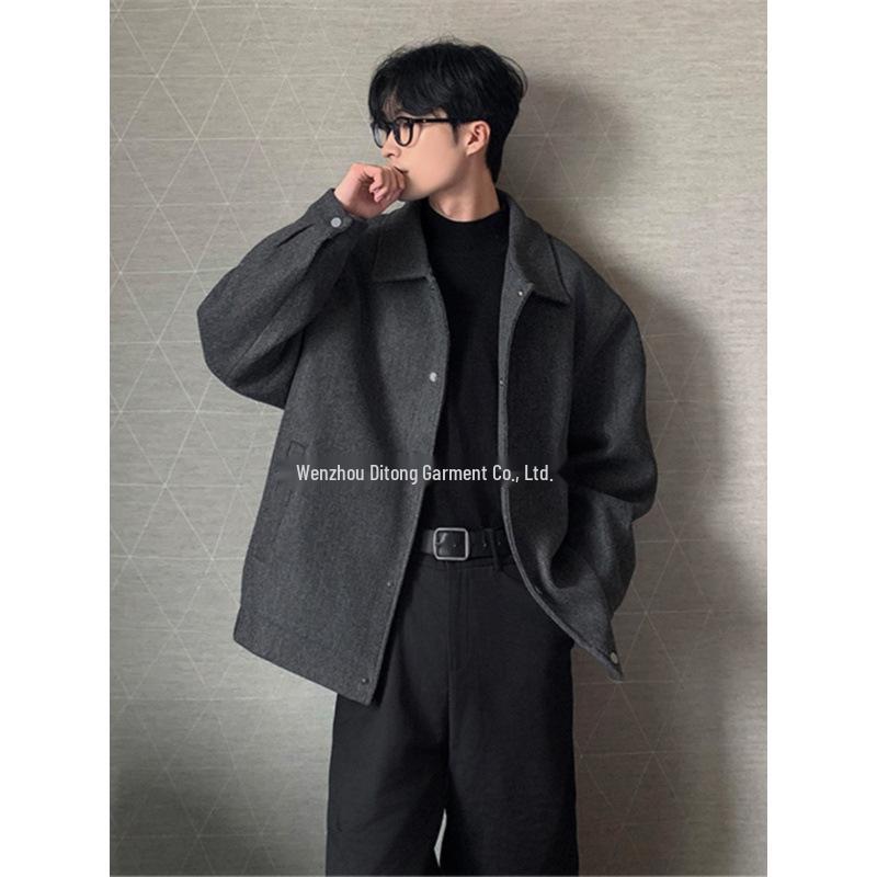 Men’s Gray Turn-Down Collar Wool Coat - Autumn Korean Style, Loose Fit