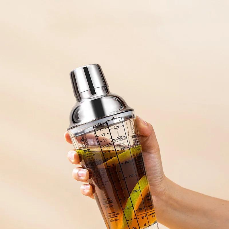 Glass Cocktail Shaker Hand Shaker Cup with Scales 400/600ML Metallic Steel Lid & Strainer Milk Tea Wine Drink Shaker Mixer Bar