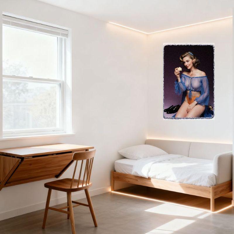 1950s Blonde Waves Blue Hair Accessory Sheer Chiffon Top Orange Underwear Sexy Woman Purple Background Tin Sign Vintage Metal Po
