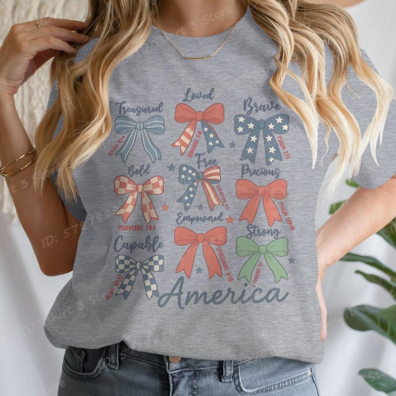 4th Of July Bows America Print Tshirt For Women Summer Casual Tshirts Short Sleeve Tops July 4th Gifts Independence Day Tshirt