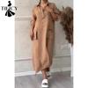 Damenmode Frühling Herbst Einfarbig Druck Langarm POLO Hals Lose Taille Casual Kleider