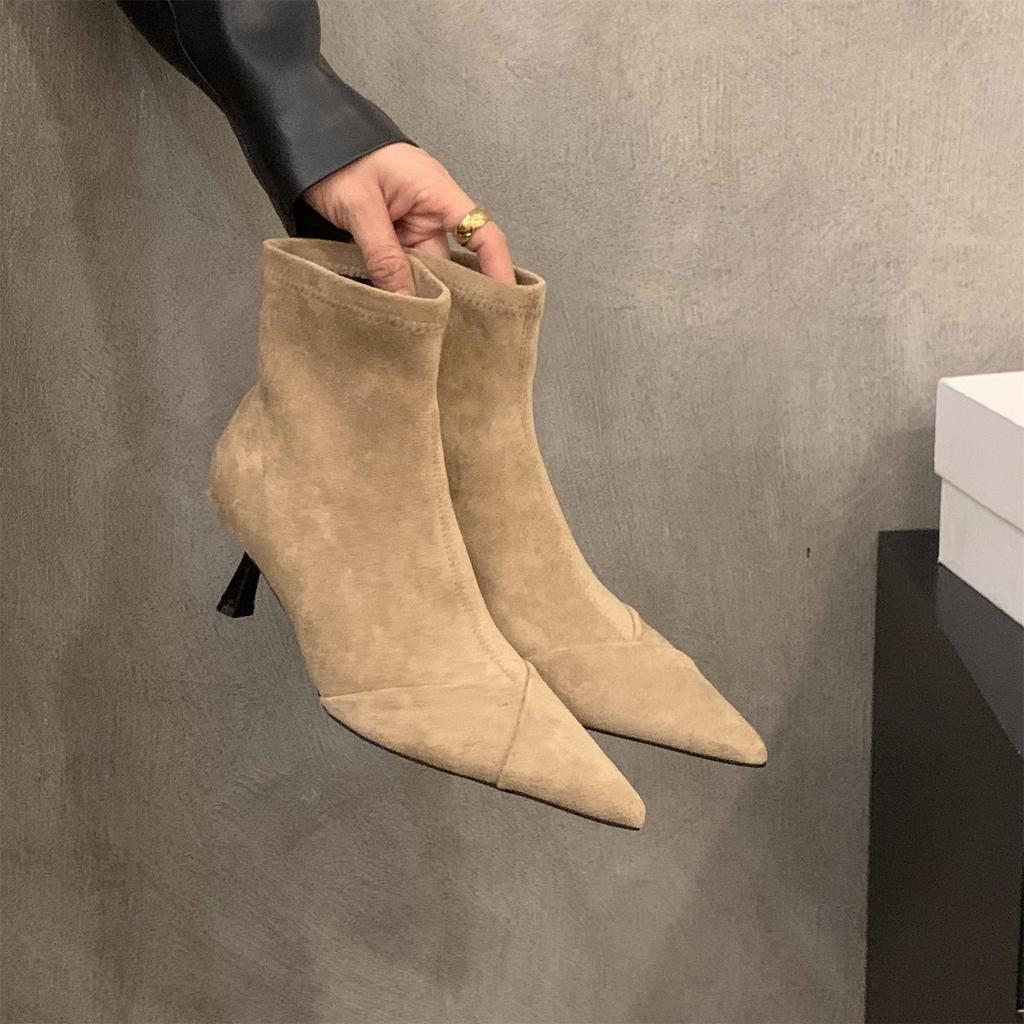 High Heel Thin Heel Pointed Suede Thin Boots Short Boots Women's Shoes 2025 New Autumn and Winter Brown French Small Ankle Boots