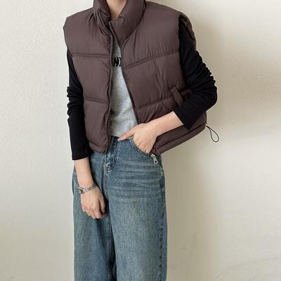 Women's Oversized Short Down Vest, Stand-up Collar