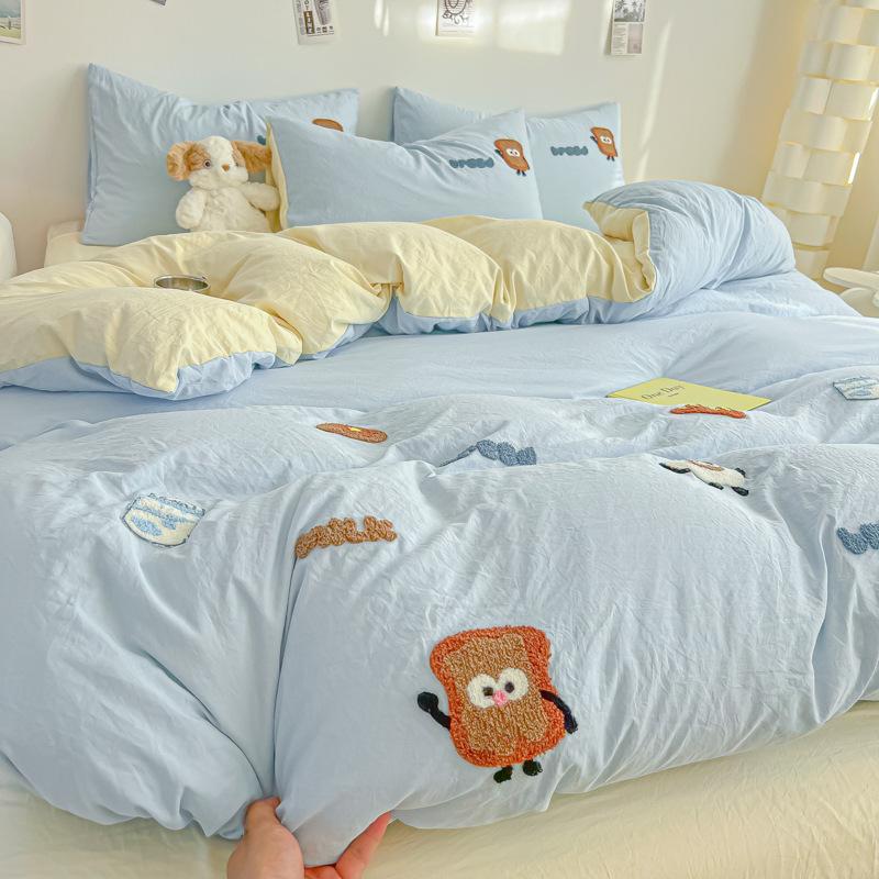 Cartoon Cotton Towel Embroidered Comforter Set Machine Washable Bed Linen Bedding Spring New Soft Breathable Fitted Sheet