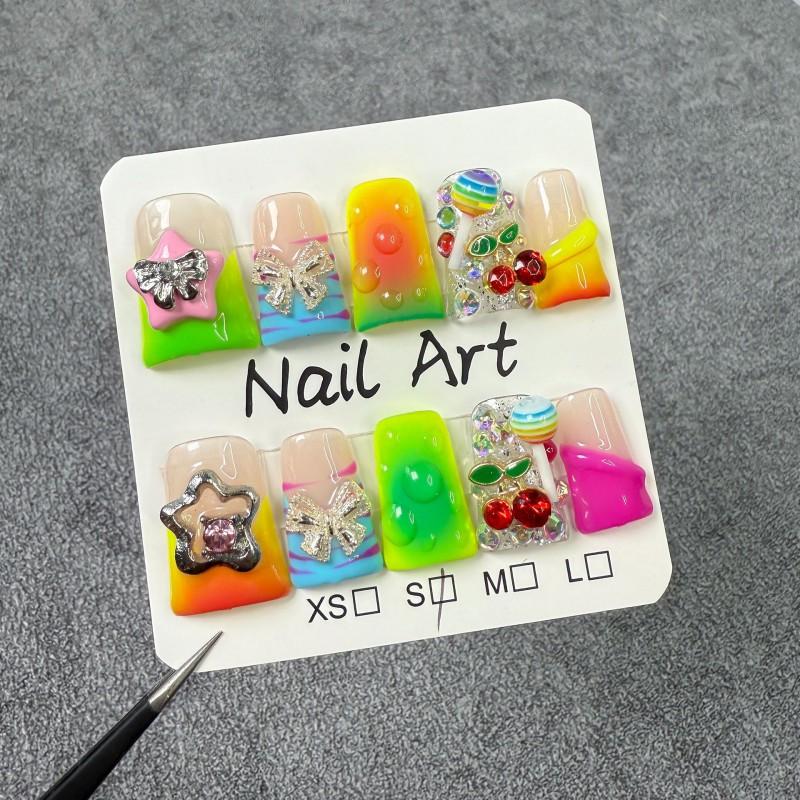 Short Duckbill Press-On Nails With Gradient Blush Effect 3D Embossed Glitter Sweet Edgy Style DIY Fake Nail Tips Women Small
