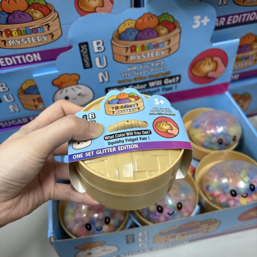 Brinquedo Squishy de Bolinho Arco-Íris com Glitter Enchido de Bolinhas Squeeze Fidget com Estojo de Cozedor Sensorial Macio para Alívio do Stress e Relaxamento
