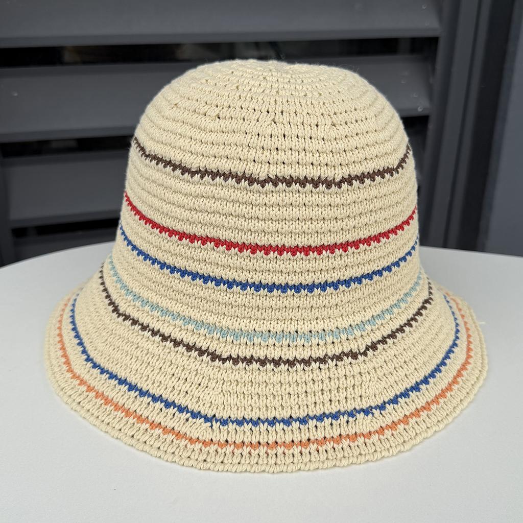 Spring and summer new hollow knitted bucket hat women's face small color striped fashion basin hat casual bucket hat