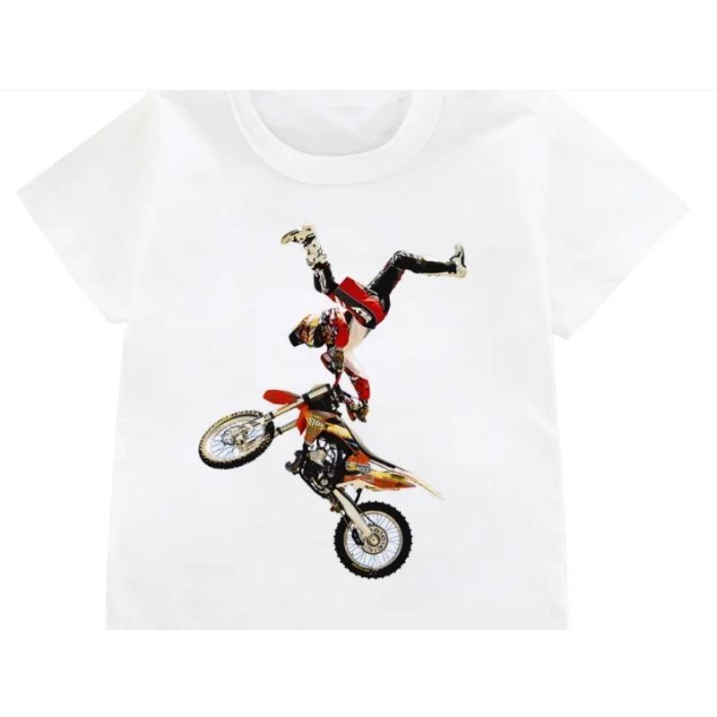 Funny Dirt Bike Motorcycle Print T-shirt Boys Cool White T Shirts Kids Harajuku Summer Short Sleeve Tshirt Tops