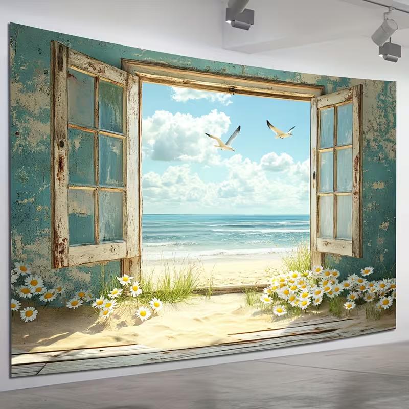 2D Summer Ocean Tapestry, Window View with Beach and Flowers for Home Decoration