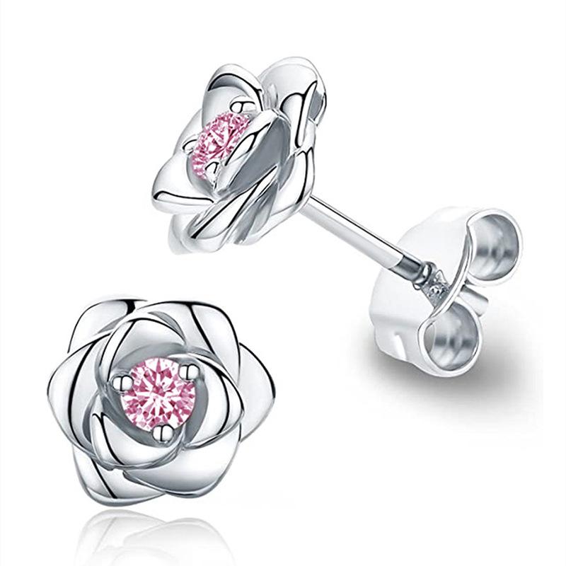Huitan Exquisite Rose Stud Earrings for Women Luxury Sparkling Cubic Zirconia Temperament Sweet Flower Earrings Fashion Jewelry