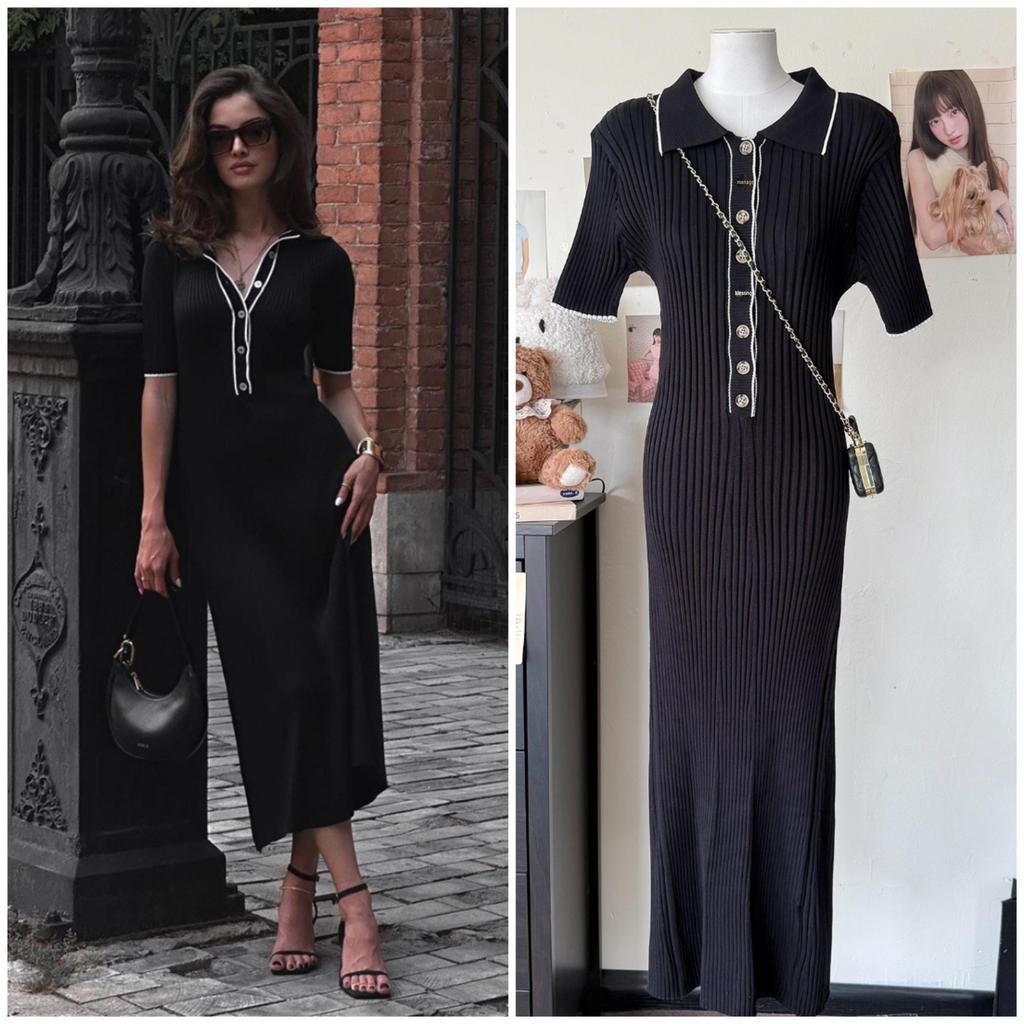 Women's Short Sleeve Turn-Down Collar Ribbed Knit Bodycon Dress - Spring/Summer 2025 European & American Style