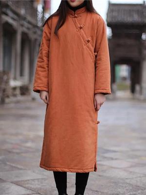 Women Chinese Style Parkas Stand Long Sleeve Robes Warm Winter Coats Solid Color Cotton Linen Plus Cotton Parkas
