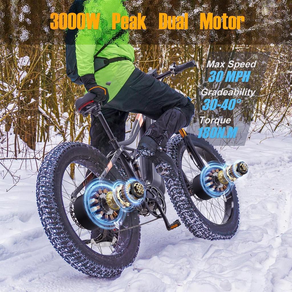 BURCHDA HC26 3000W elektrické horské kolo s duálním motorem, 48V 30Ah baterie, 26palcové elektrické horské kolo pro muže, elektrické městské kolo 120KM