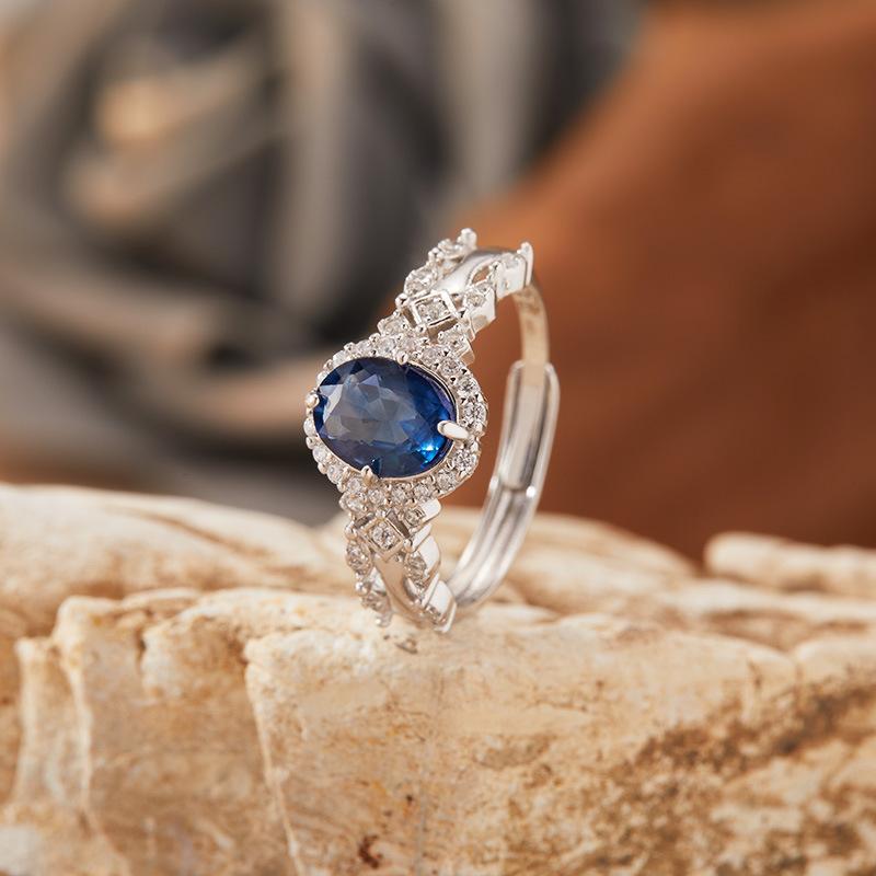 S925 Sterling Silver Natural Sapphire Ring Female Pigeon Egg Gemstone Index Finger Ring Colored Treasure