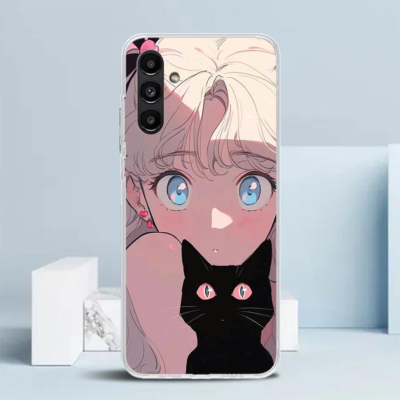 Anime Girls Cute Black Cat Phone Case For Samsung Galaxy A17 A37 A57 A16 A15 A14 A13 A56 A55 A54 A53 A36 A35 A34 A33 A26 A25 A24
