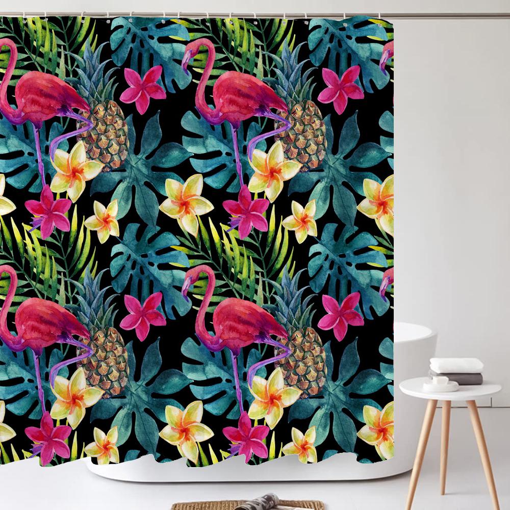 3D Flamingo Print Shower Curtain Set With Hooks Nordic Style Pink Birds Flower Leaves Waterproof Fabric Home Bathroom Curtains