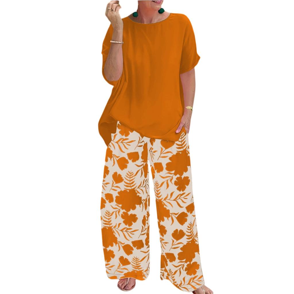 Women's Fashion Casual Pullover Printed Round Neck Temperament R Short Sleeve Long Pants Two-piece Set
