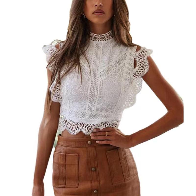 Female Summer Sexy Hollow Solid Color Geometric Figure Female Top Lace Chiffon Shirt