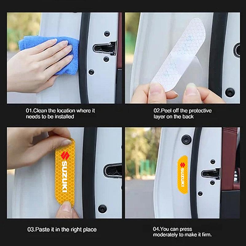 4Pcs Reflective Car Door Sticker Safety Warning Tape Decal For Suzuki Swift Vitara Baleno Jimny Samurai Ignis Alto Splash Kaiser