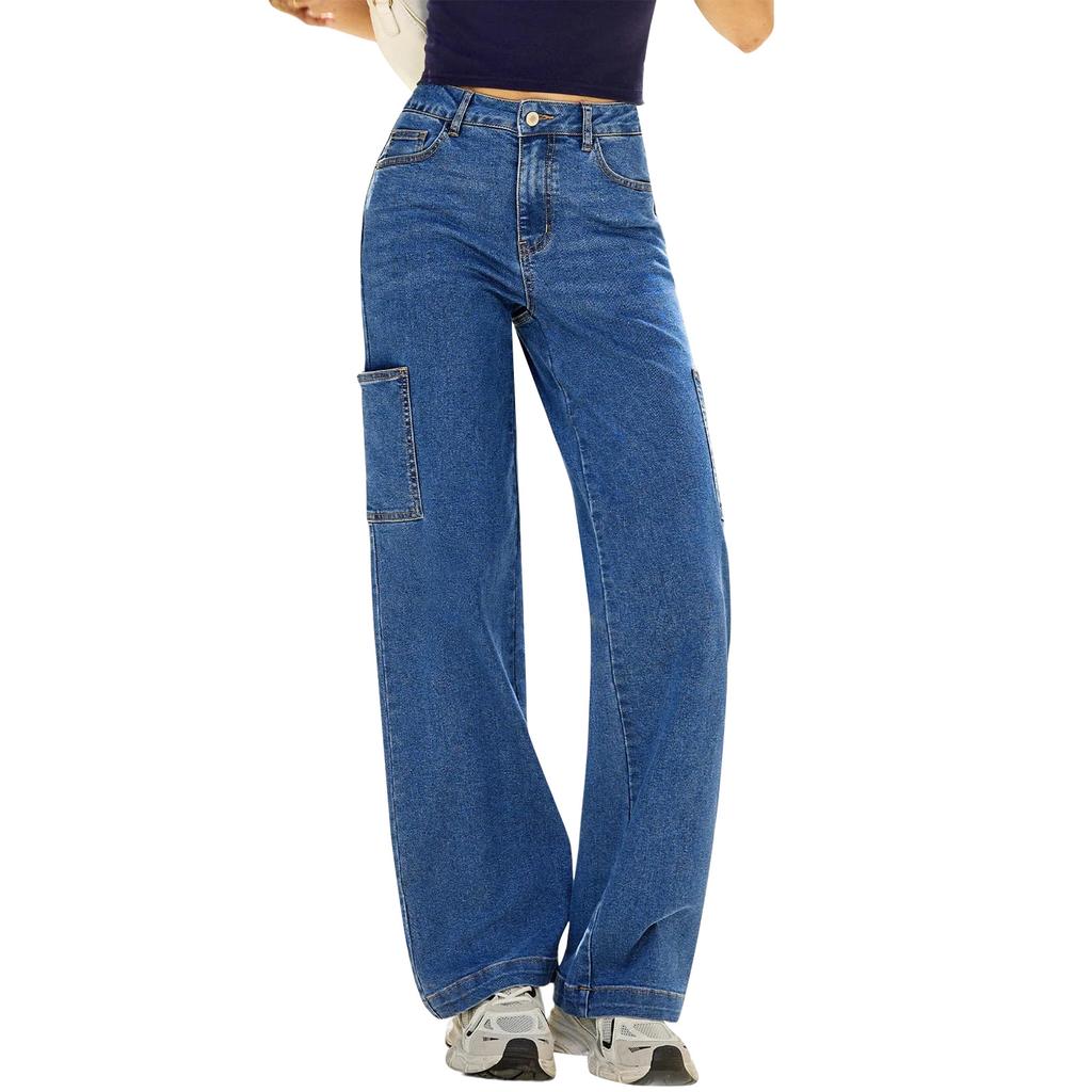 Women's High-Rise Cargo Jeans With 6 Pockets Straight-Leg Wide-Leg Casual Loose Fit Jeans